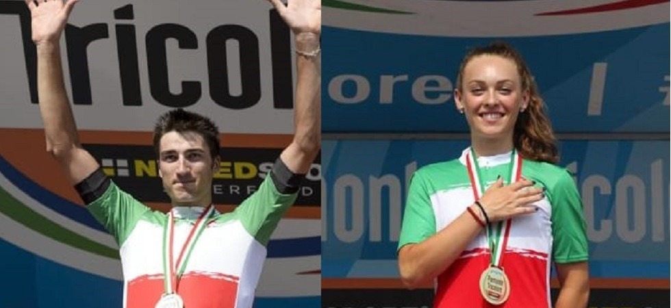 Da sinistra Gianni Moscon (Team Sky) e Letizia Paternoster (Vecchia Fontana) in maglia tricolore a cronometro